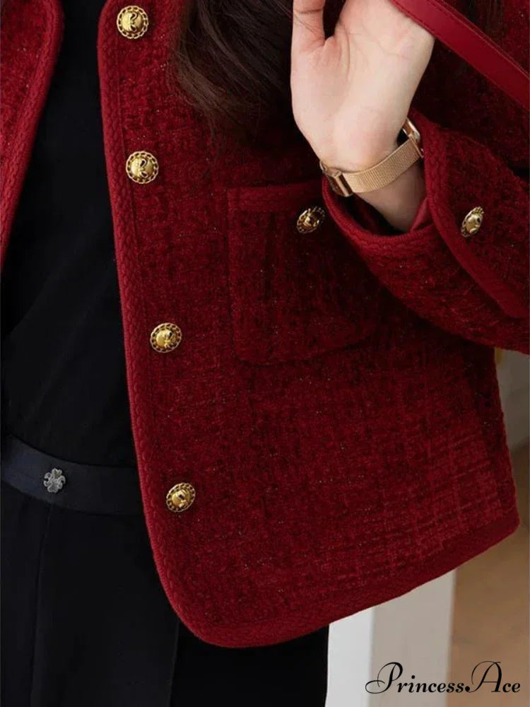 Wine Red Metal Buckle Slim Tweed Cardigan