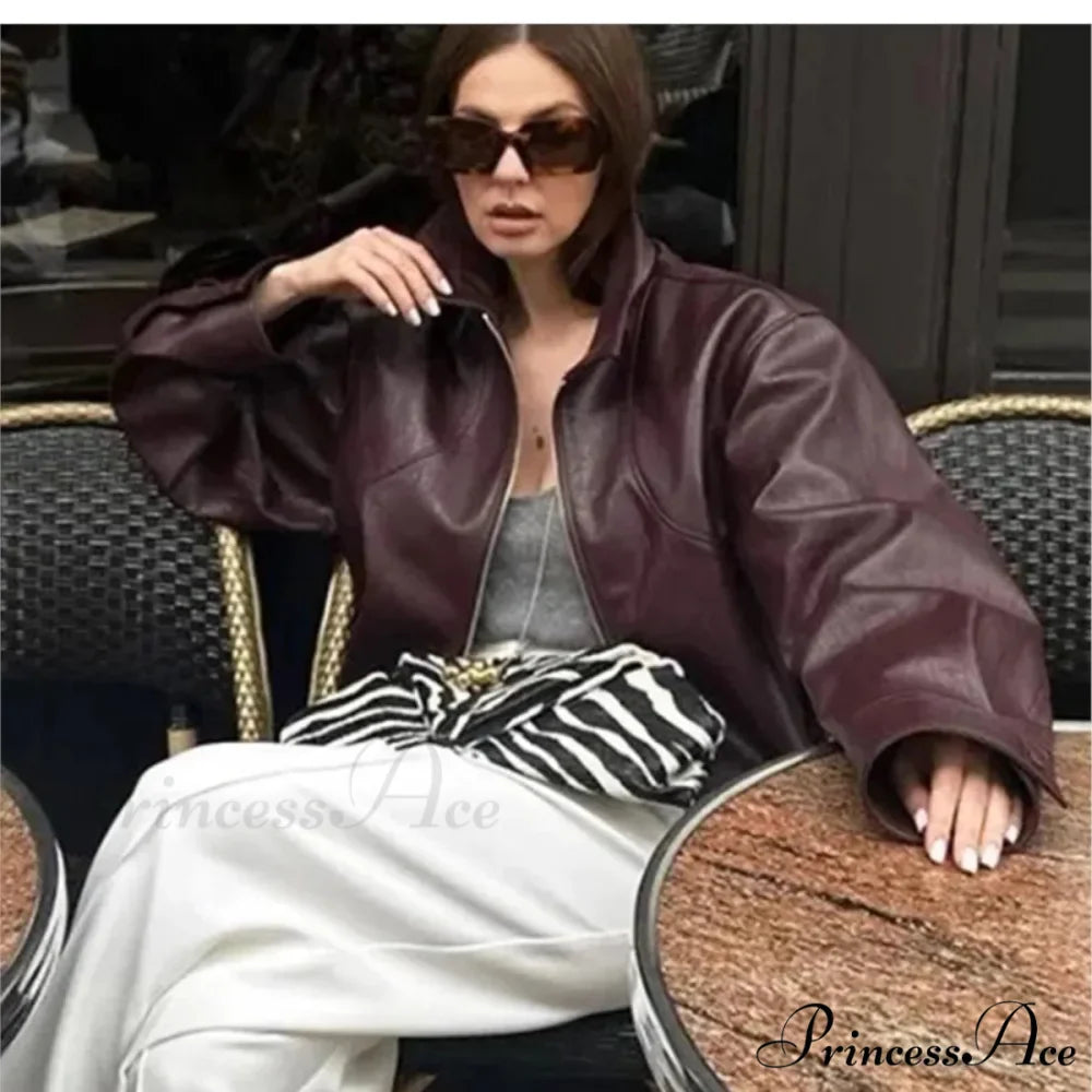 Wine Red PU Leather Coat