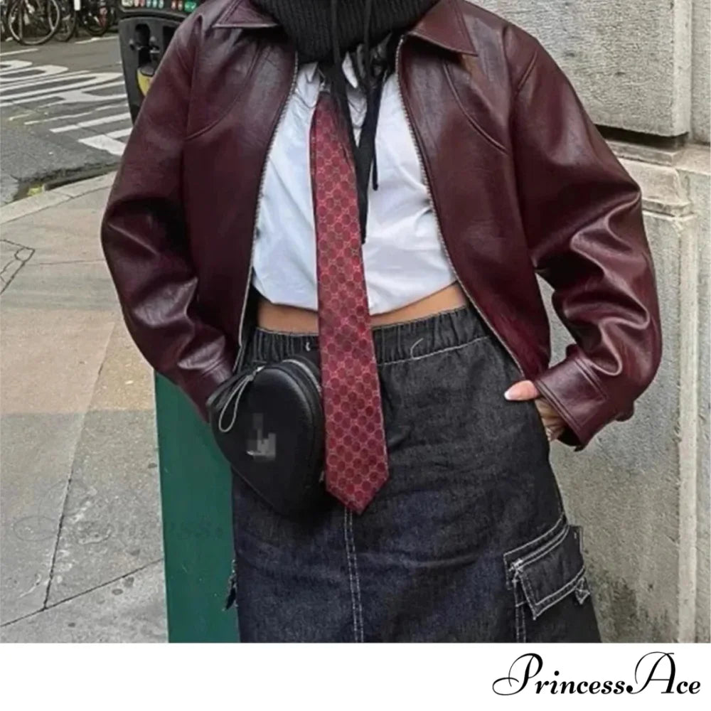 Wine Red PU Leather Coat