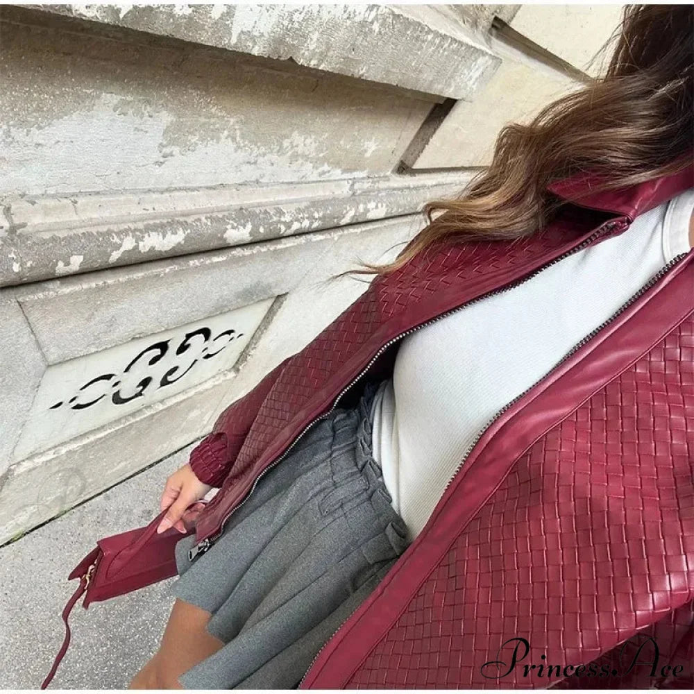 Wine Red PU Leather Zipper Coat
