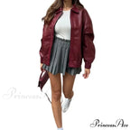 Wine Red PU Leather Zipper Coat