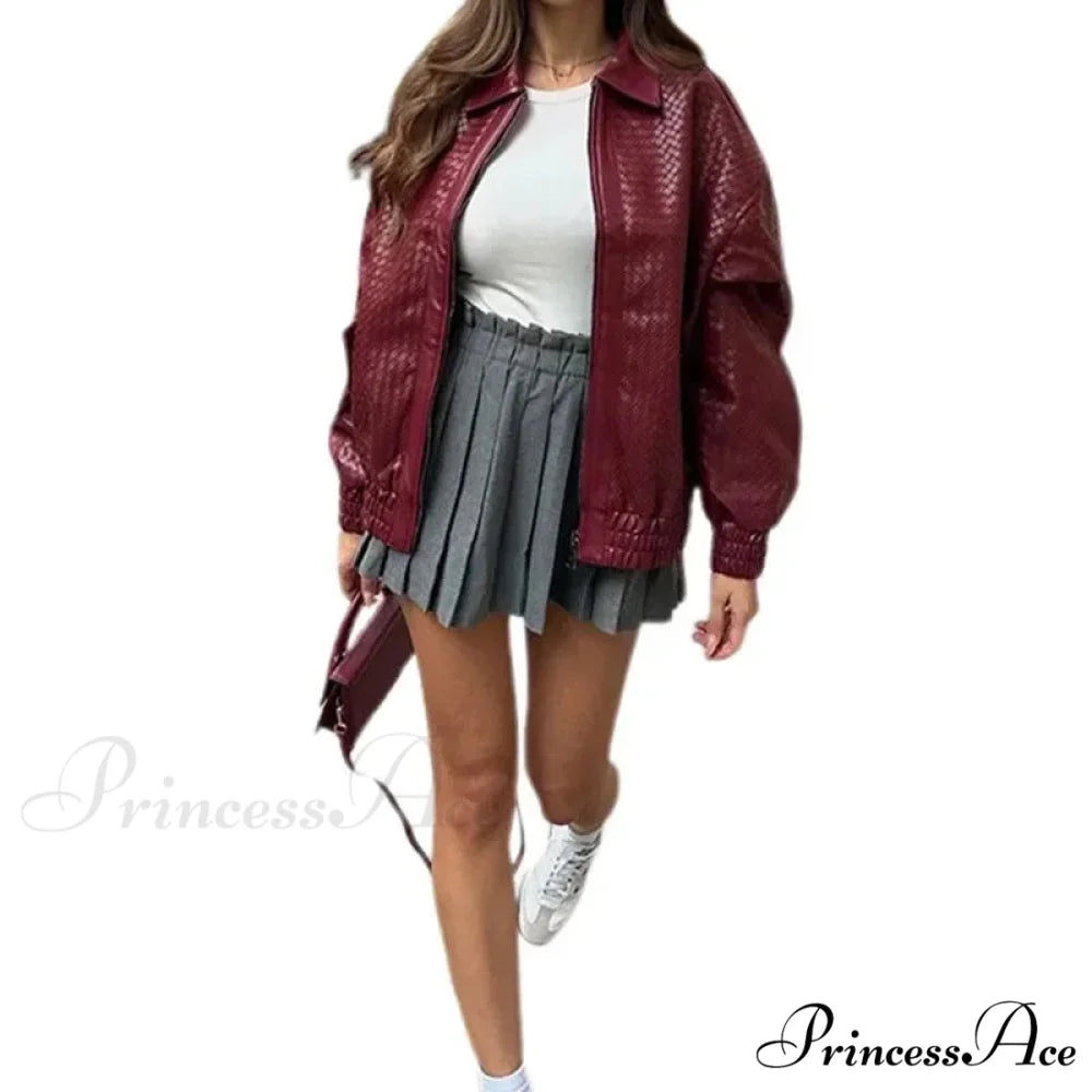 Wine Red PU Leather Zipper Coat