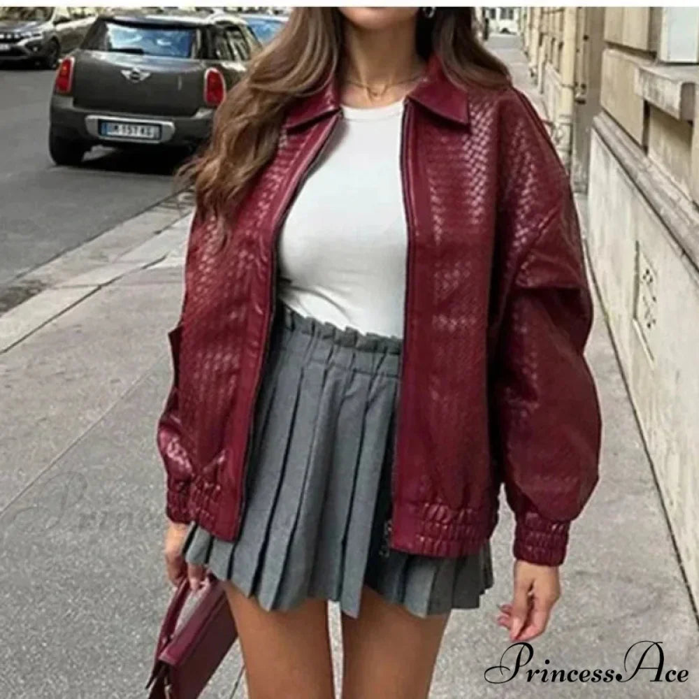 Wine Red PU Leather Zipper Coat