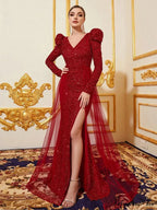 Wine Red Sequin Long Party Dress