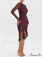 Wine Ruffle Stylish Midi Dress