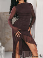 Wine Ruffle Stylish Midi Dress