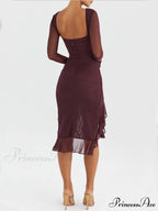Wine Ruffle Stylish Midi Dress