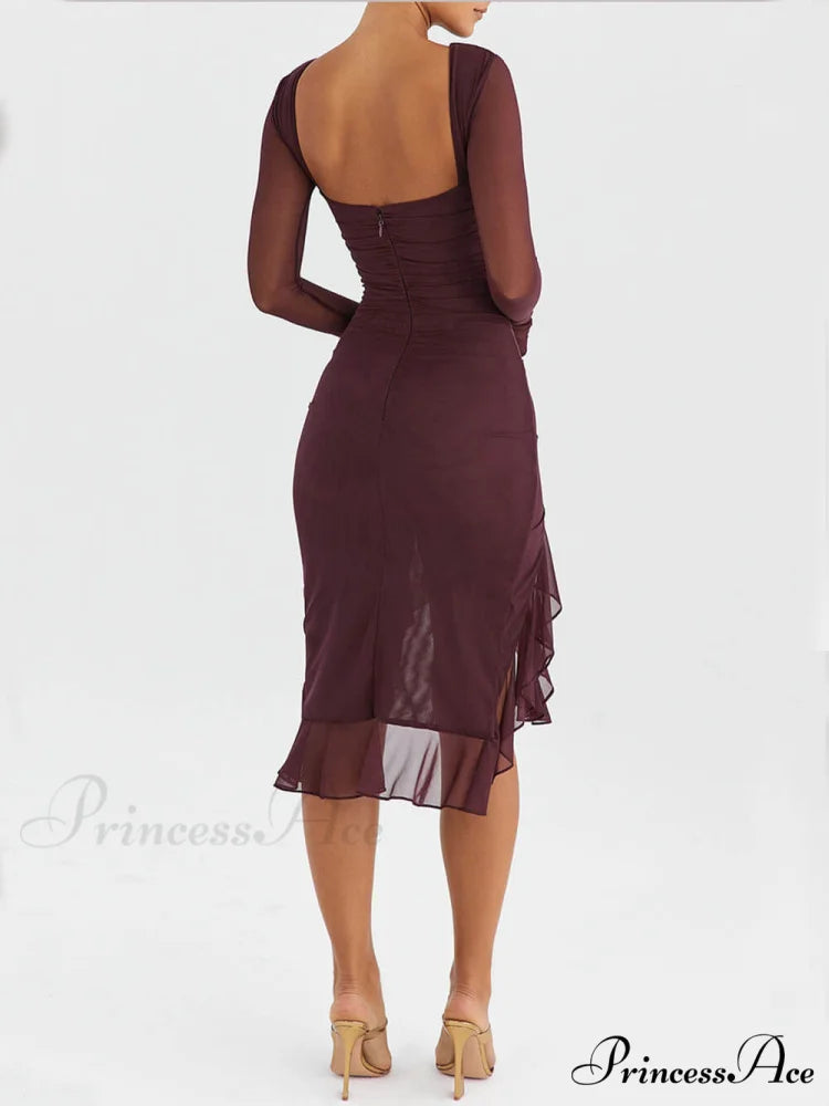 Wine Ruffle Stylish Midi Dress