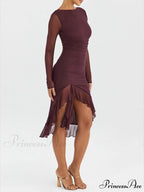 Wine Ruffle Stylish Midi Dress