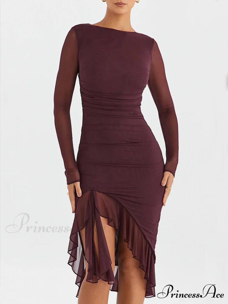Wine Ruffle Stylish Midi Dress