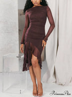 Wine Ruffle Stylish Midi Dress