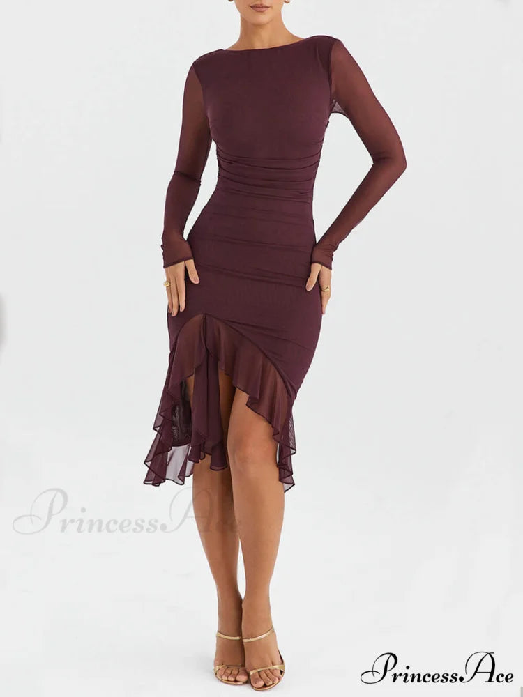Wine Ruffle Stylish Midi Dress