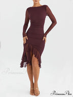 Wine Ruffle Stylish Midi Dress
