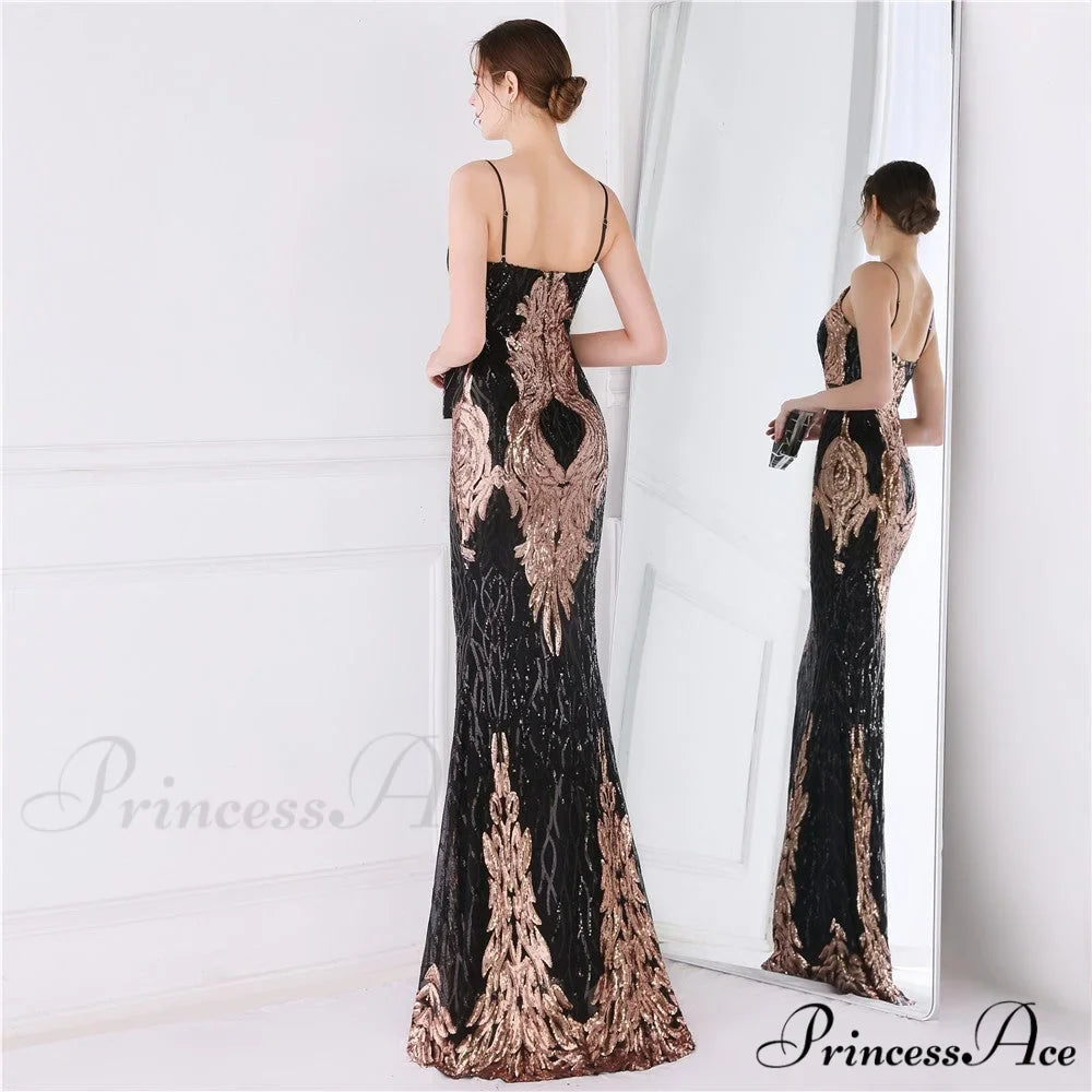 Wings Pattern Sequin Charming Mesh Strappy Gown