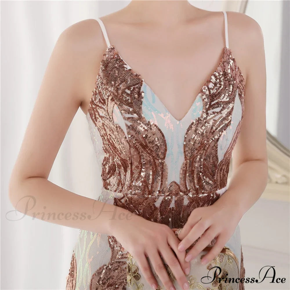 Wings Pattern Sequin Charming Mesh Strappy Gown