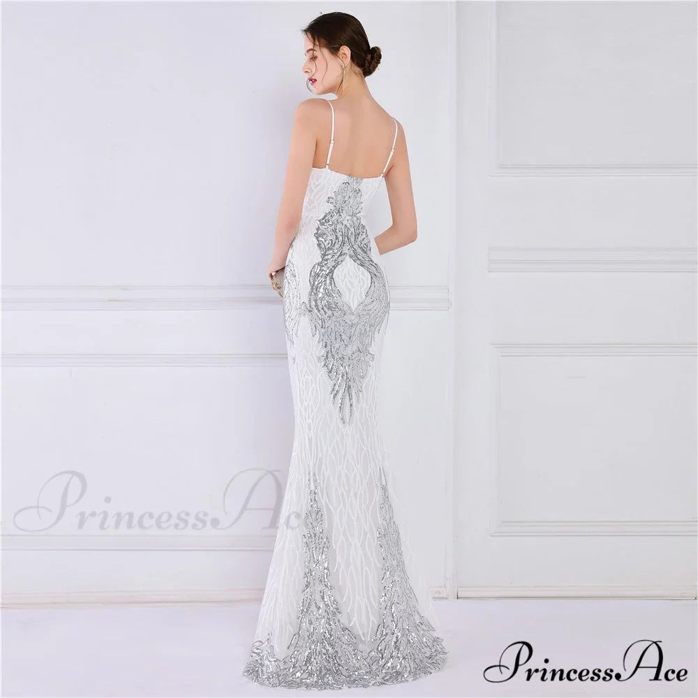 Wings Pattern Sequin Charming Mesh Strappy Gown