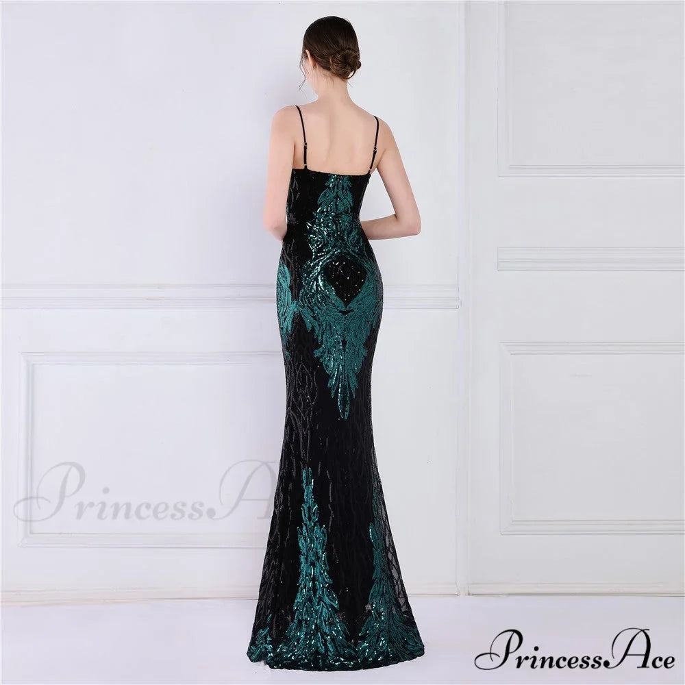 Wings Pattern Sequin Charming Mesh Strappy Gown