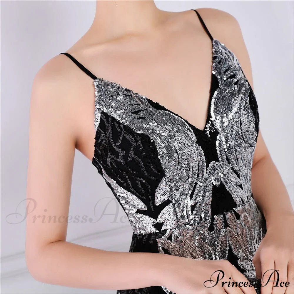 Wings Pattern Sequin Charming Mesh Strappy Gown