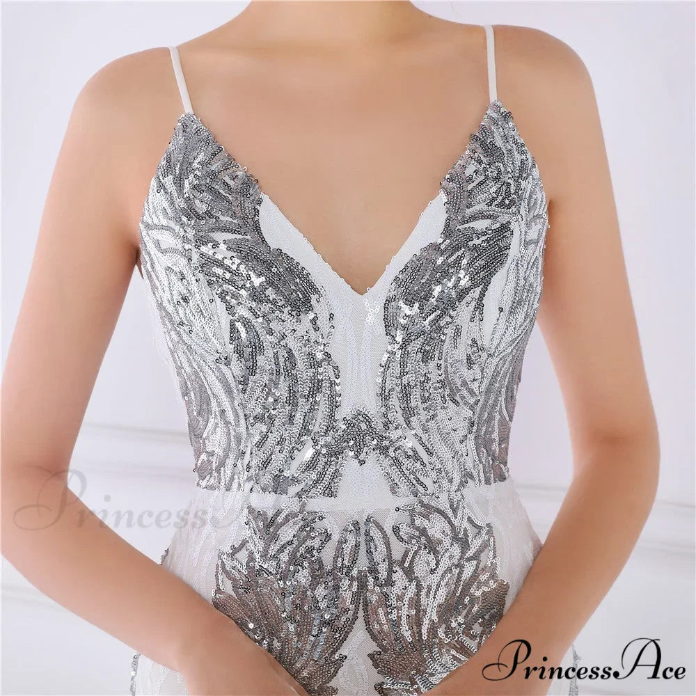 Wings Pattern Sequin Charming Mesh Strappy Gown