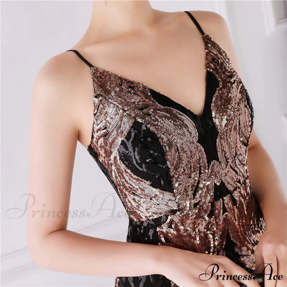 Wings Pattern Sequin Charming Mesh Strappy Gown