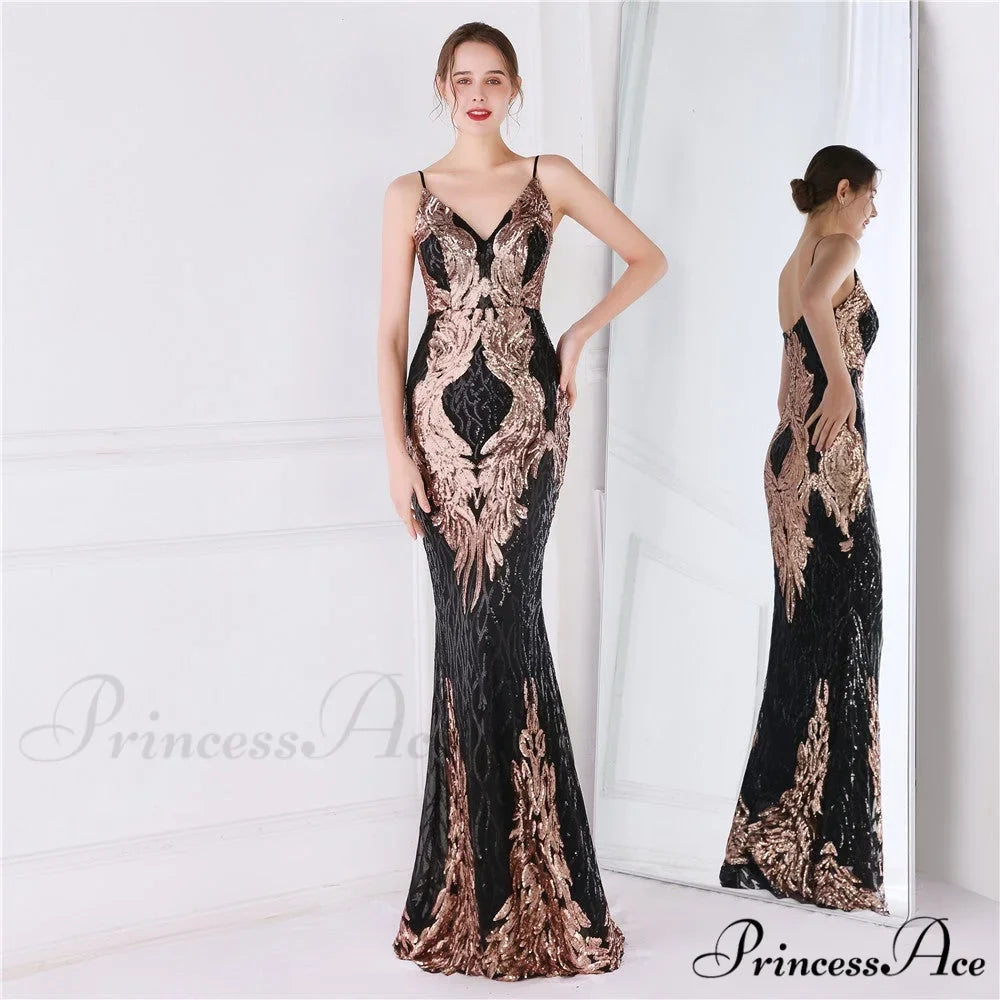 Wings Pattern Sequin Charming Mesh Strappy Gown