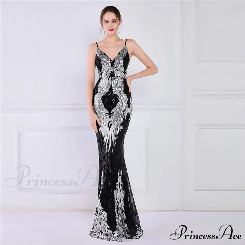 Wings Pattern Sequin Charming Mesh Strappy Gown
