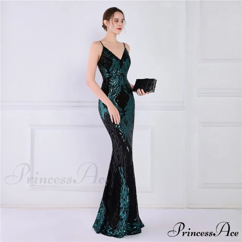 Wings Pattern Sequin Charming Mesh Strappy Gown