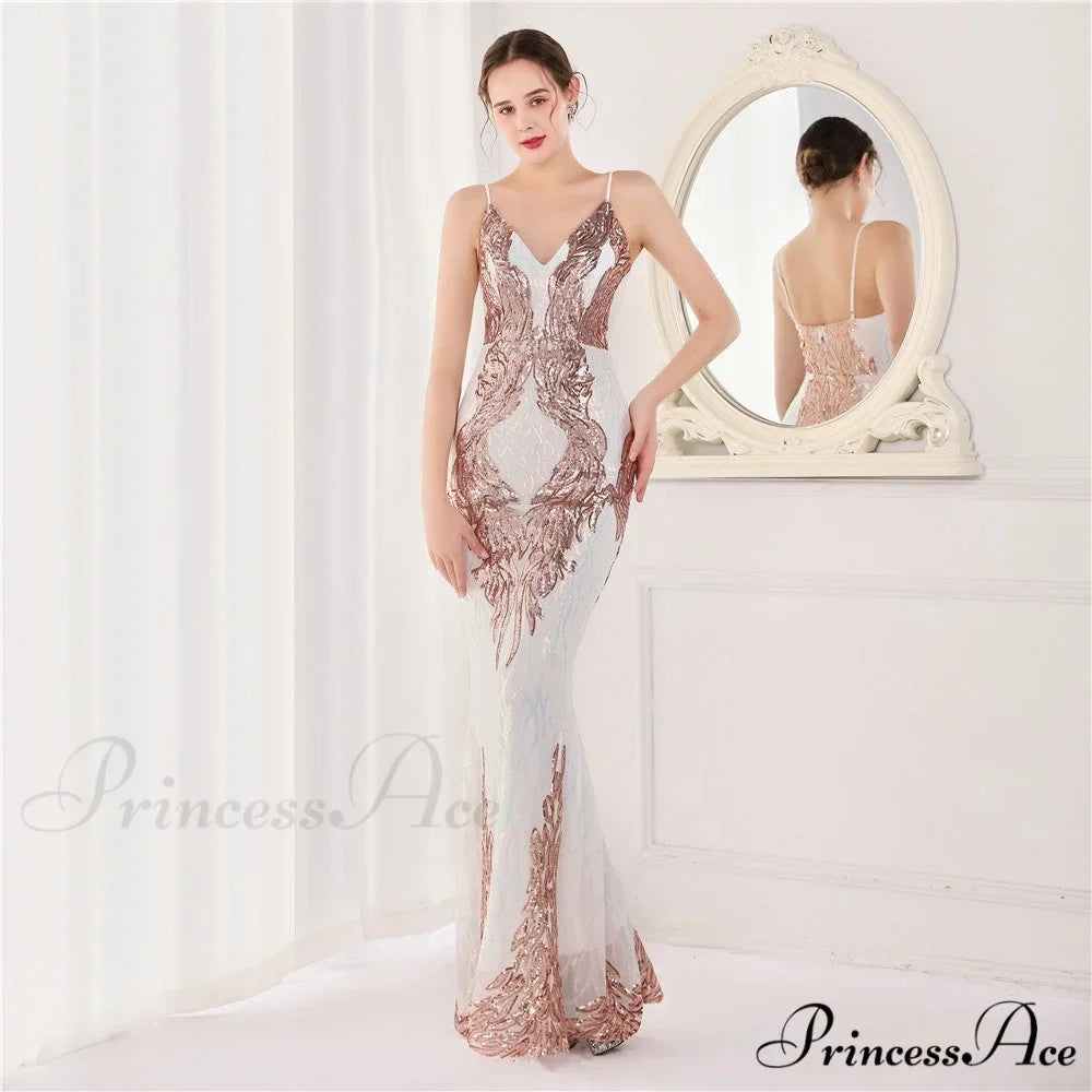 Wings Pattern Sequin Charming Mesh Strappy Gown