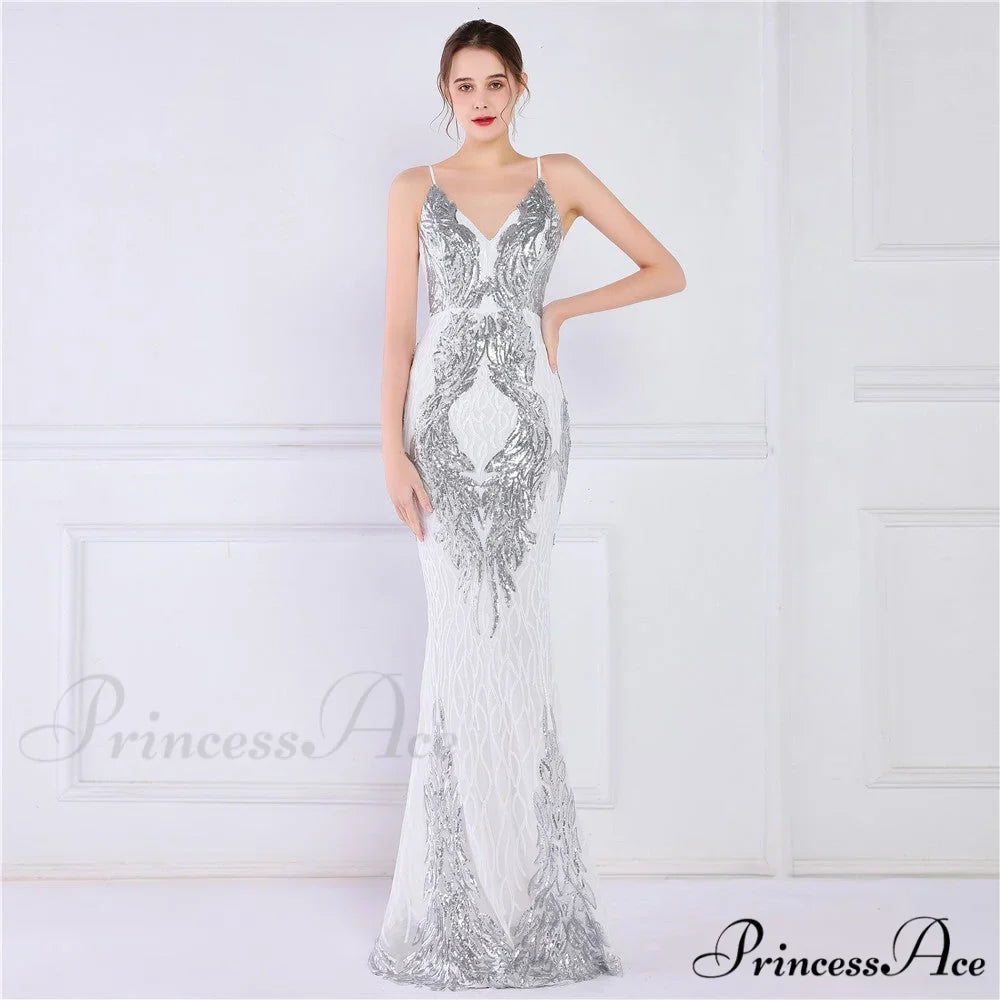 Wings Pattern Sequin Charming Mesh Strappy Gown