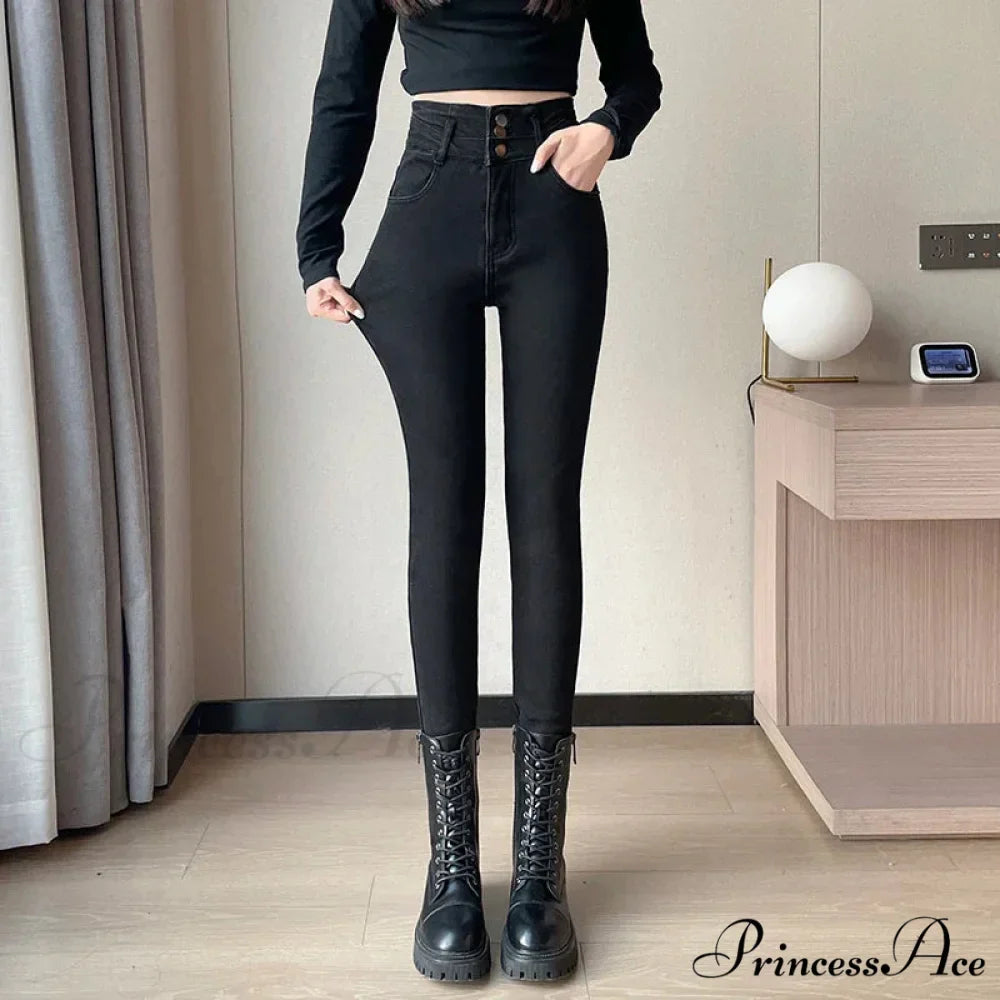 Winter Plus Velvet Skinny Women Stretch Denim Trousers Retro Patchwork Autumn Warm Thick Pencil Pants Jean