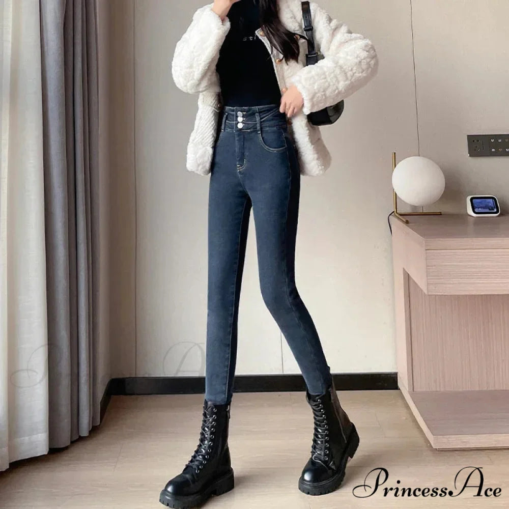 Winter Plus Velvet Skinny Women Stretch Denim Trousers Retro Patchwork Autumn Warm Thick Pencil Pants Jean