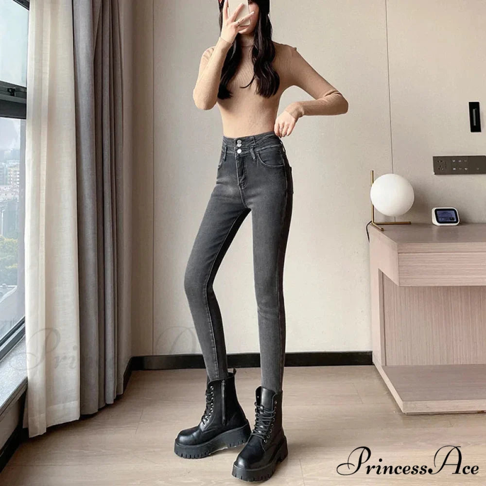 Winter Plus Velvet Skinny Women Stretch Denim Trousers Retro Patchwork Autumn Warm Thick Pencil Pants Jean