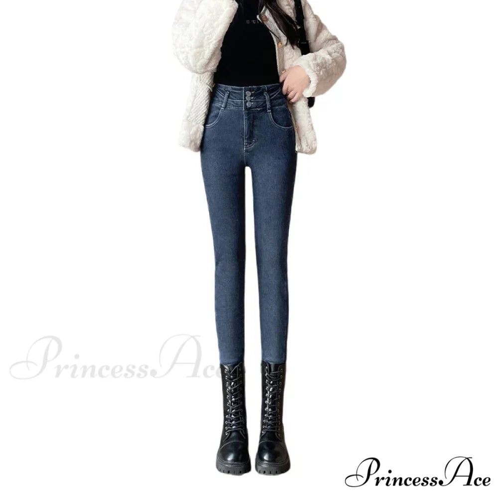 Winter Plus Velvet Warm Women Thickened High Waist Casual Slim Stretch Denim Trousers Skinny Pencil Pants Jean