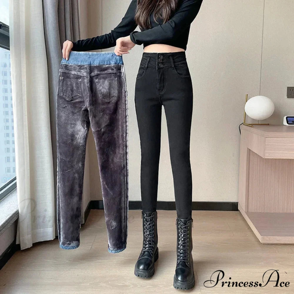 Winter Plus Velvet Warm Women Thickened High Waist Casual Slim Stretch Denim Trousers Skinny Pencil Pants Jean