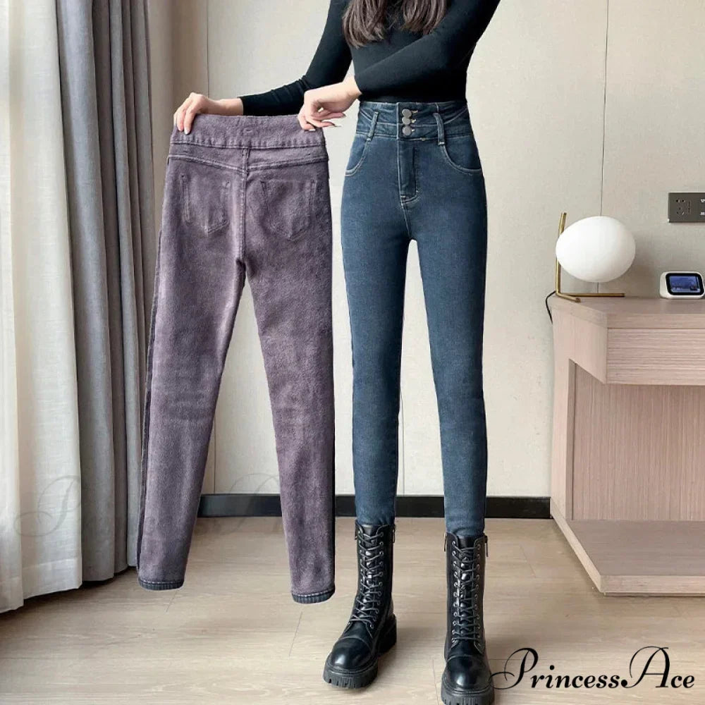 Winter Plus Velvet Warm Women Thickened High Waist Casual Slim Stretch Denim Trousers Skinny Pencil Pants Jean