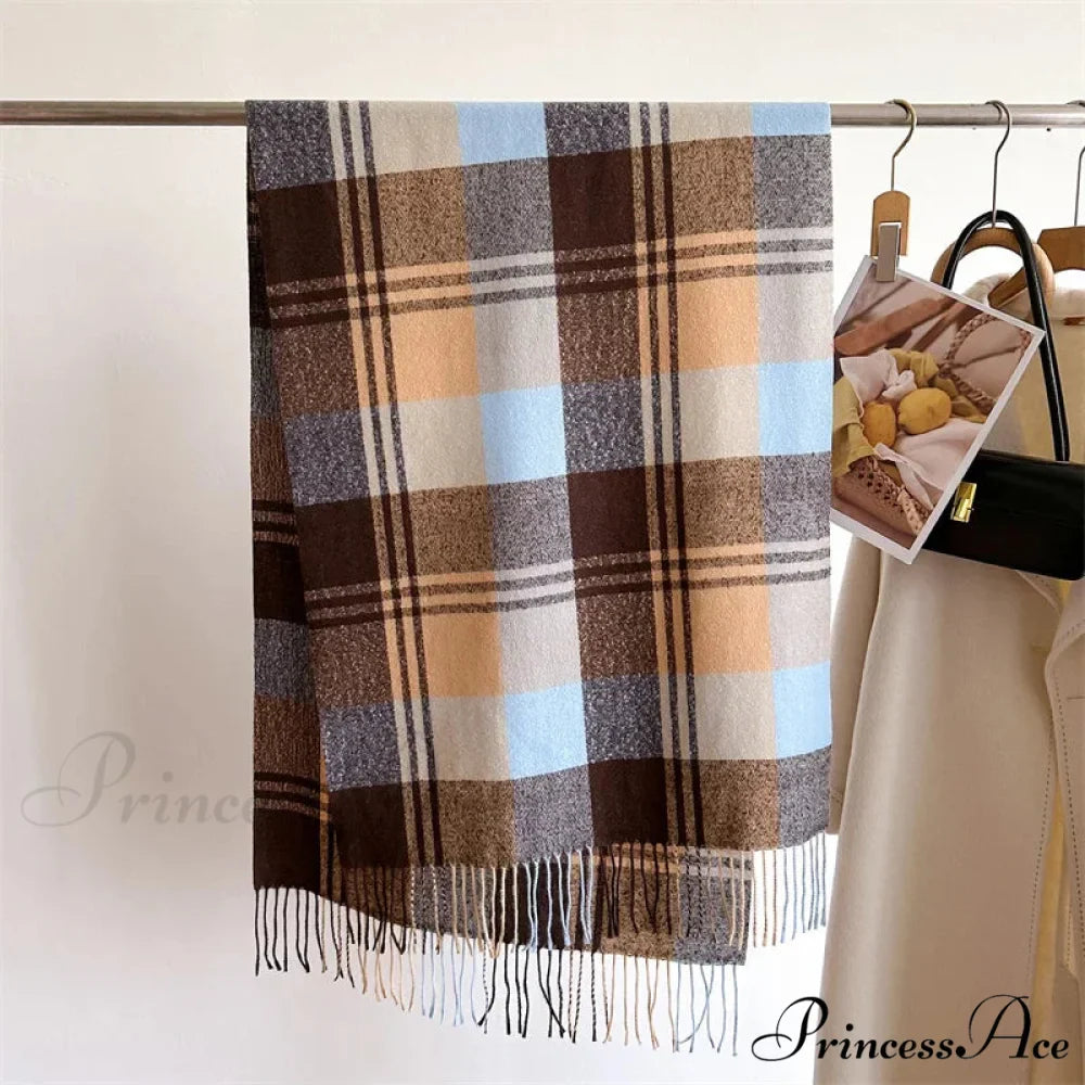 Winter Warm Colorful Cashmere Like Thick Pashmina Tassels Plaid Scarf