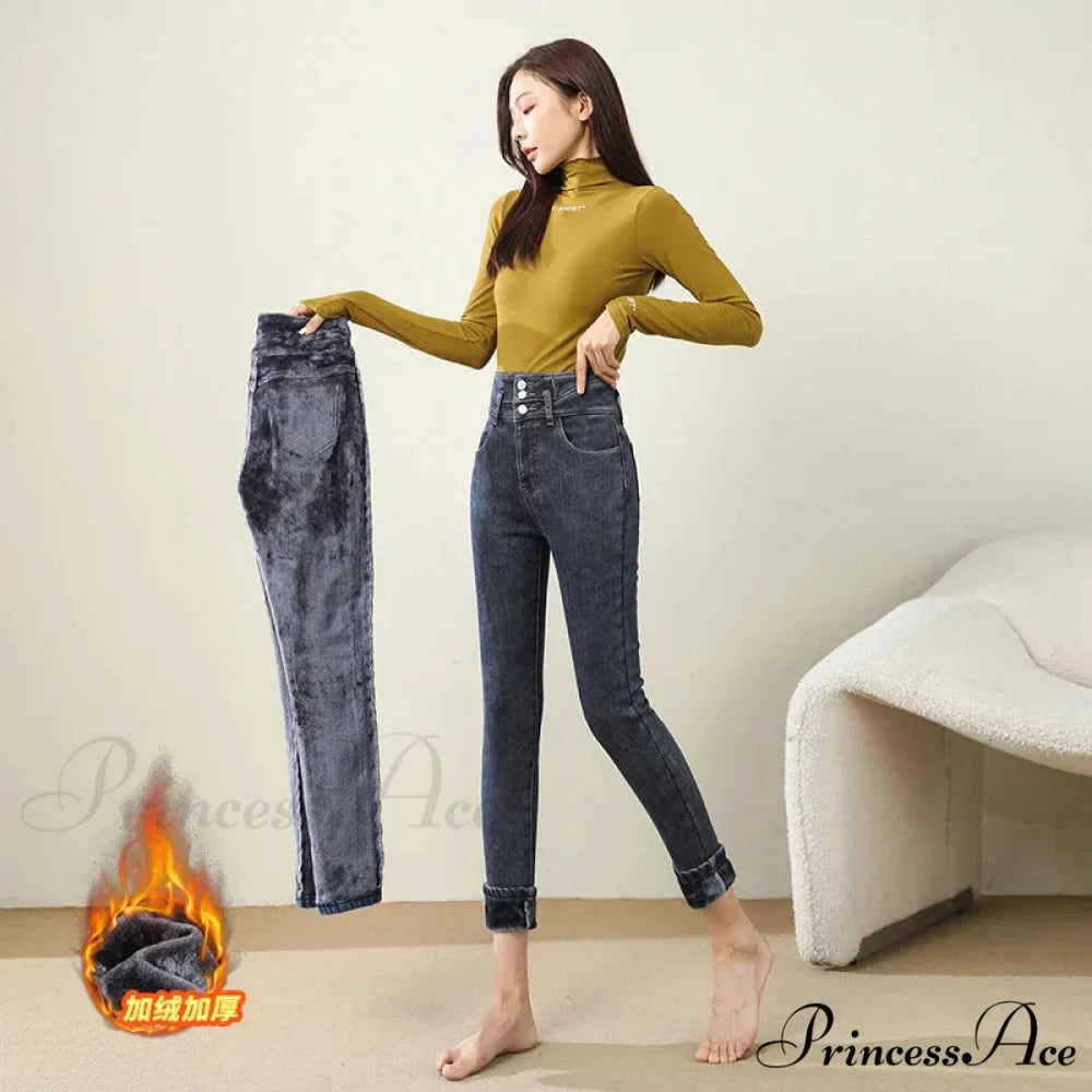 Winter Warm Women High Waist Skinny Thick Velvet Casual Lady Denim Pencil Pants Plus Size Fleece Slim Fit Stretch Trousers Jean