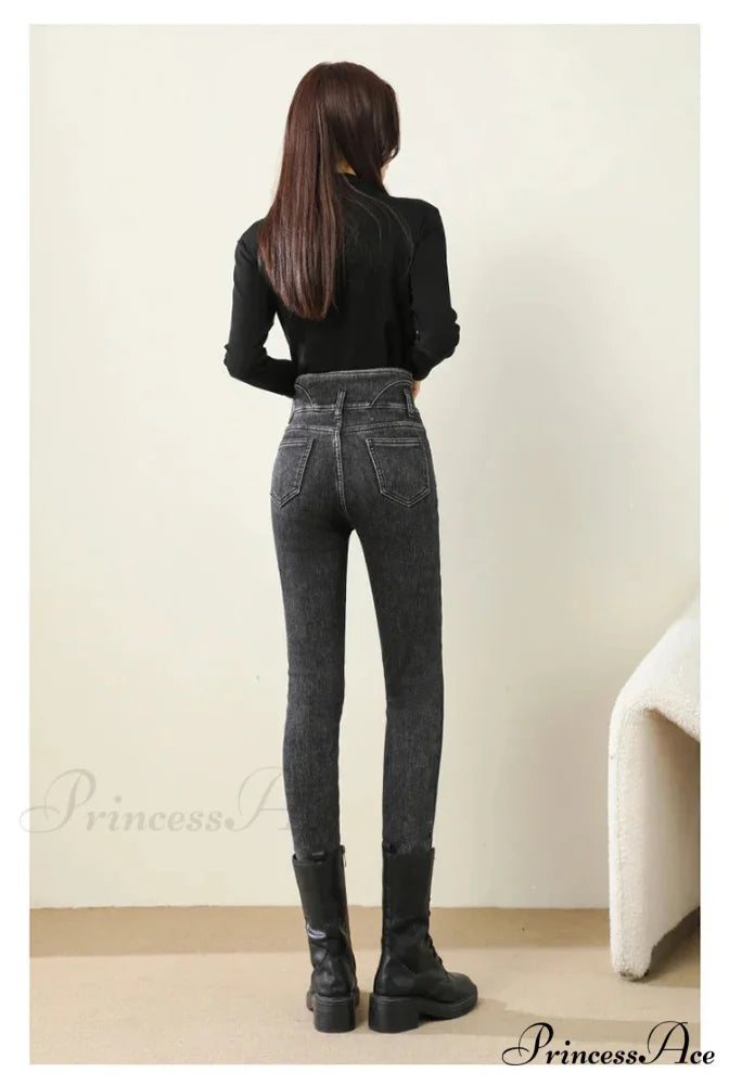 Winter Warm Women High Waist Skinny Thick Velvet Casual Lady Denim Pencil Pants Plus Size Fleece Slim Fit Stretch Trousers Jean