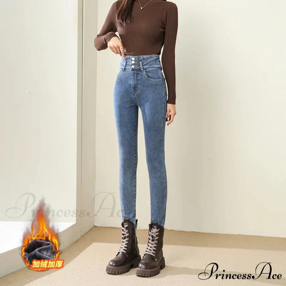 Winter Warm Women High Waist Skinny Thick Velvet Casual Lady Denim Pencil Pants Plus Size Fleece Slim Fit Stretch Trousers Jean
