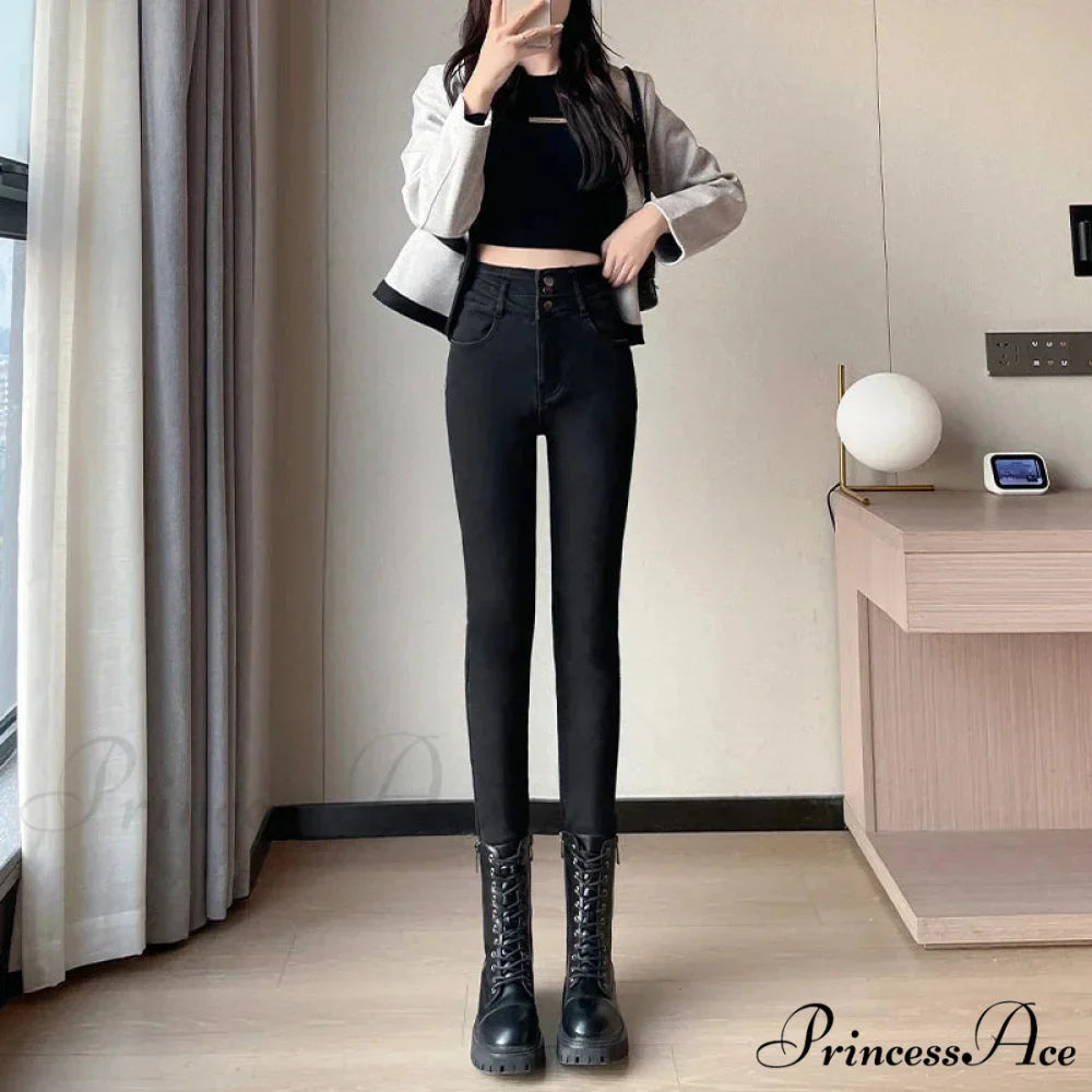 Winter Women Stretch Skinny Retro Patchwork Warm Thick Pencil Pants Slim Stretch Denim Trousers Jean