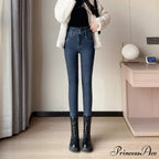 Winter Women Stretch Skinny Retro Patchwork Warm Thick Pencil Pants Slim Stretch Denim Trousers Jean