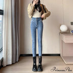 Winter Women Stretch Skinny Retro Patchwork Warm Thick Pencil Pants Slim Stretch Denim Trousers Jean