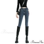 Winter Women Stretch Thicken Lamb Fluff High Waist Fleece Lined Warm Slim Denim Pencil Pants Jean