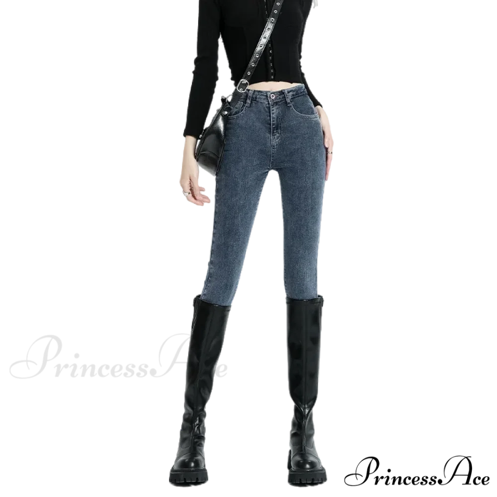 Winter Women Stretch Thicken Lamb Fluff High Waist Fleece Lined Warm Slim Denim Pencil Pants Jean