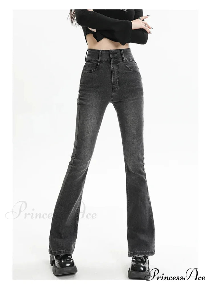 Winter Women's Plus Velvet Warm Black Flare Vintage High Waist Harajuku Streetwear Wide Leg Straight Denim Trousers Y2K Pa Jean