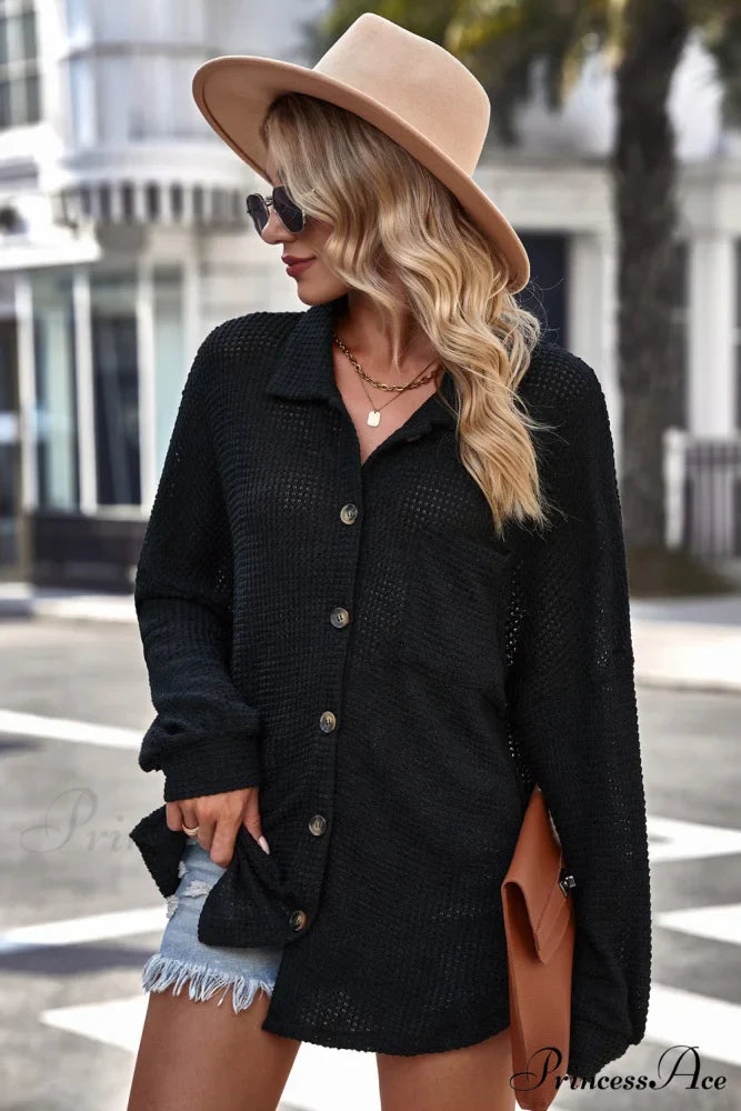 with Blouse Waffle-Knit Dropped Neck Collared Shoulder