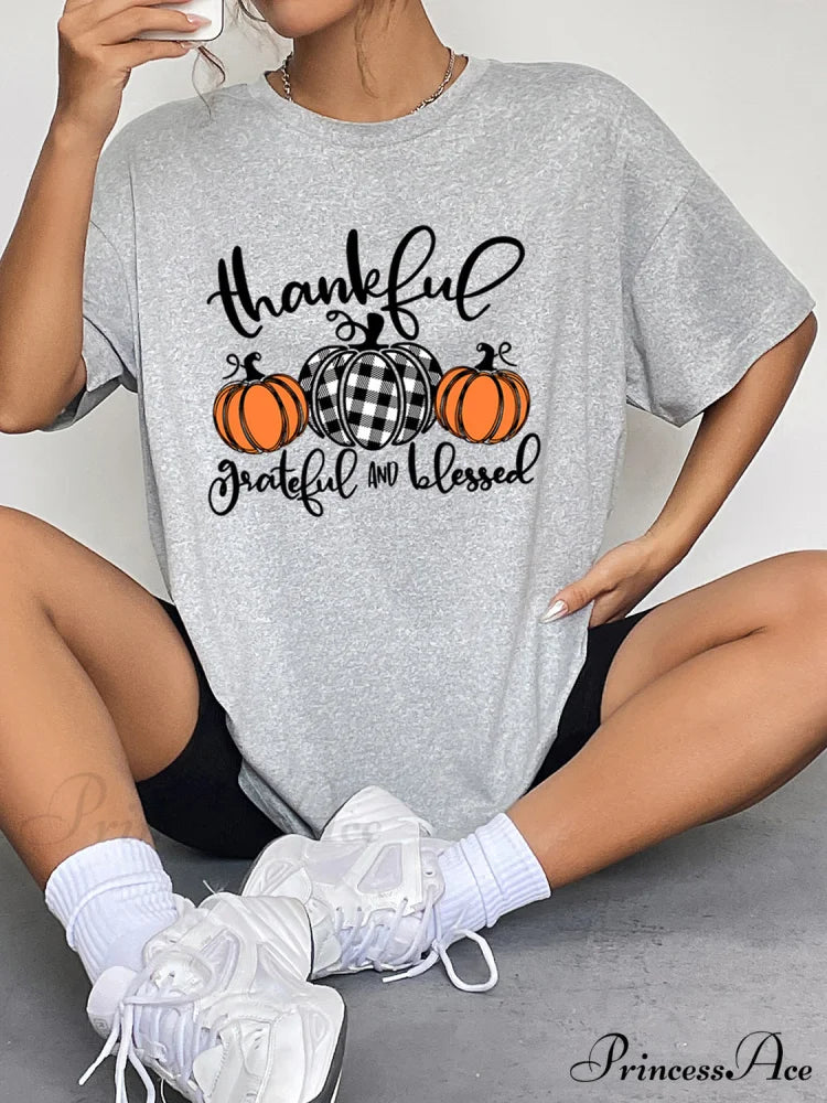 with Fall Graphic T-Shirt Neck Thanksgiving Round Season and Brief Sleeves
