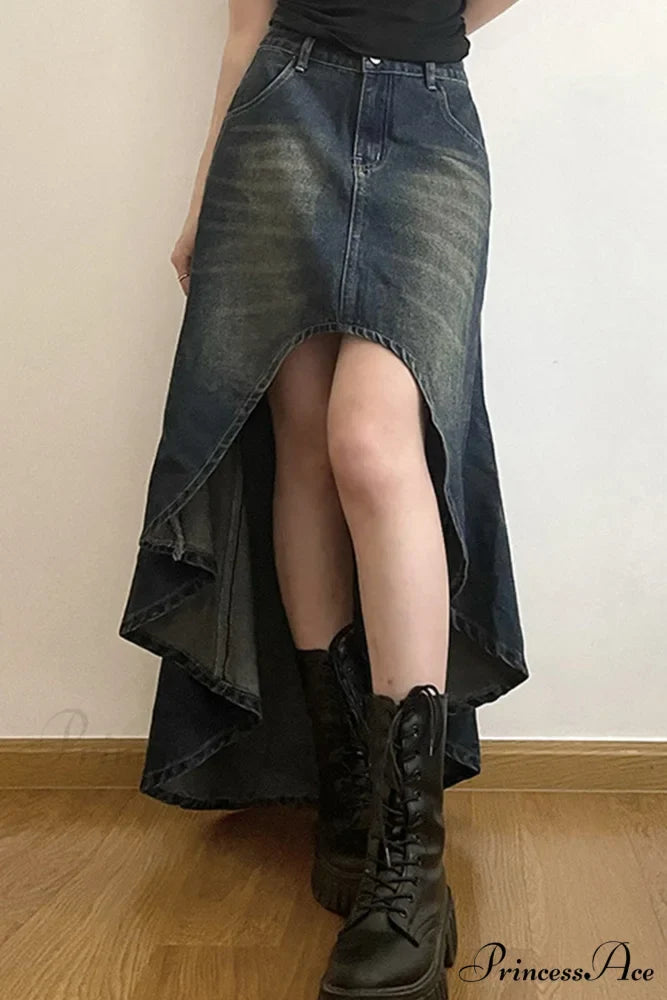 with Irregular Skirt Denim Distressed High Rise Wash