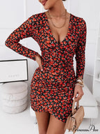 with V Flower Slim Gown Design Cross Women's New Neck