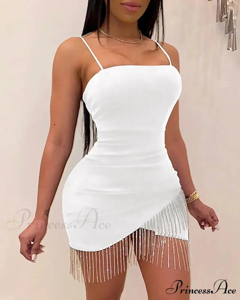 Woman Party Night Birthday Tassel Split Sleeveless Bodycon Mini Dress